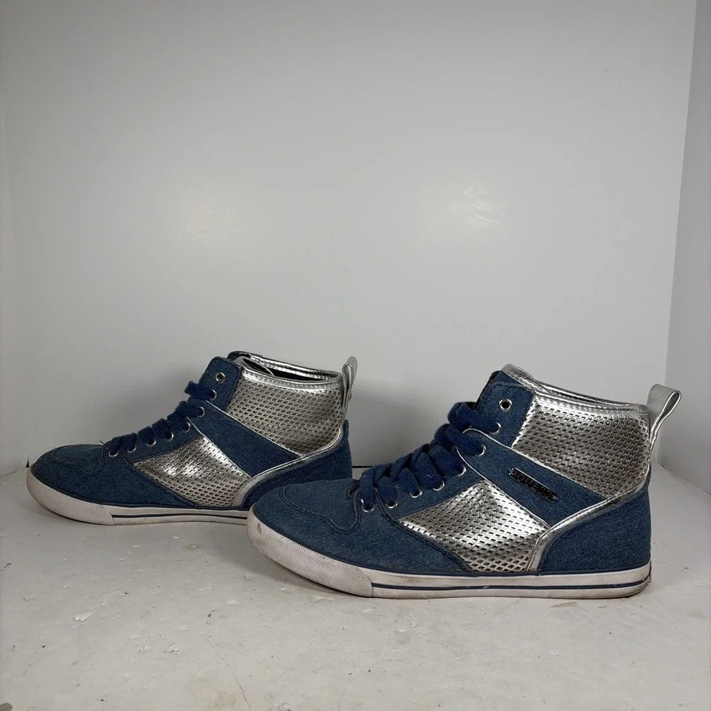 Size 9 M GUESS Krysta High Top Blue Denim‎ Silver Metallic Sneakers Y2K